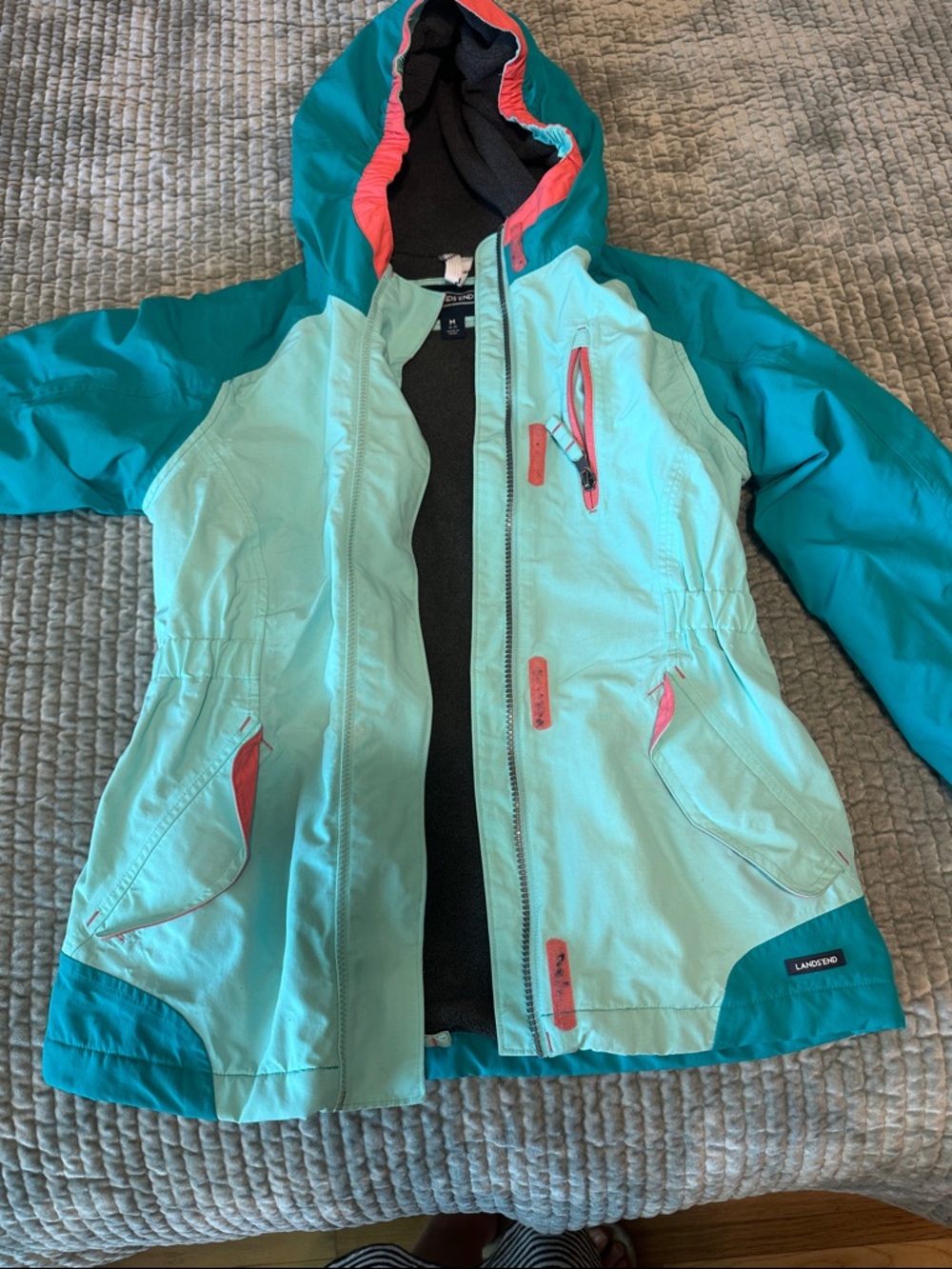 Lands' End Teal & Mint Hooded Grow-A-Long Coat with Coral Accents